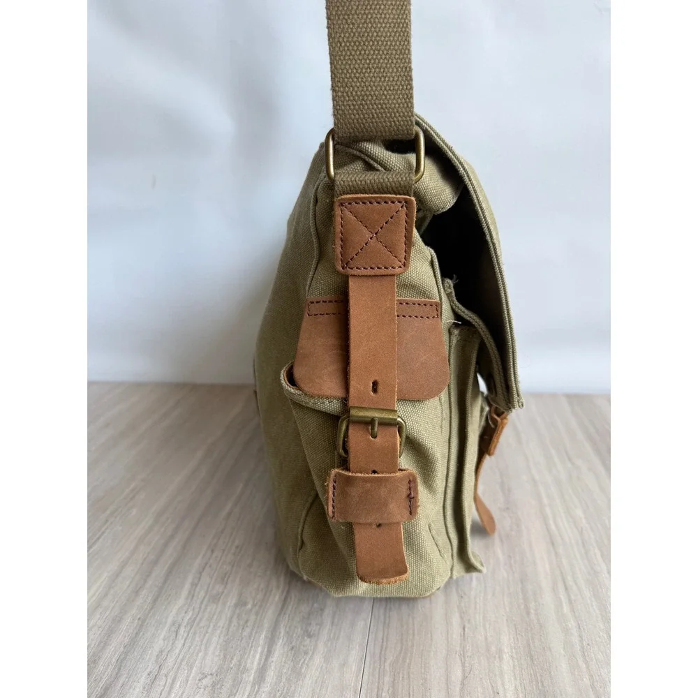 Sechunk Messenger Bag Olive Green Canvas Leather Trim Vintage Military Travel